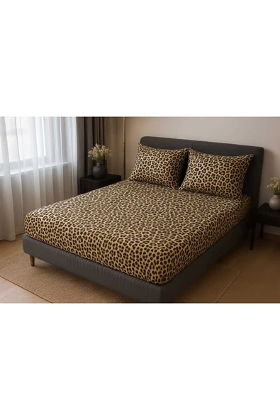 Loova Leopar desenli lastikli çarşaf seti %100 pamuklu çift kişilik-battal boy lüx kumaş ürün görseli 1
