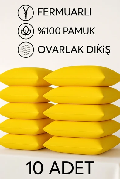 Loova Yastık kılıfı 10 Adet sarı renk 50×70 ebat %100 pamuk ovarlak dikiş Fermuarlı lüx kılıf ürün görseli 1