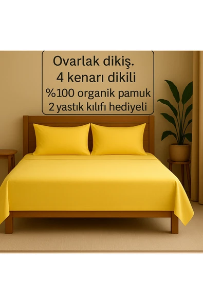 Loova Lastiksiz çarşaf çift kişilik sarı renk %100 pamuklu 4 köşe dikili 2 yastık kılıfı hediyeli 220×240 ürün görseli 1