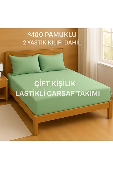 Loova Lastikli çarşaf takımı çift kişilik yeşil renk %100 pamuklu 2 yastık kılıfı dahil 160×200 ürün görseli 1