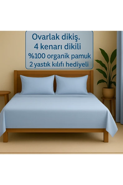 Loova Lastiksiz çarşaf çift kişilik 4 köşe ovarlak dikiş %100 pamuk 2 yastık kılıfı hediyeli mavi renk ürün görseli 1
