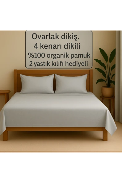Loova Lastiksiz çarşaf çift kişilik %100 pamuk 4 köşe ovarlak dikiş 2 yastık kılıfı hediyeli 220×240 ürün görseli 1
