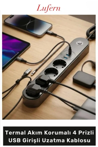 Yüksek Güç Kapasiteli Termal Akım Korumalı 4 Prizli USB Girişli Uzatma Kablosu Type-c 2500 Watt ürün görseli 1