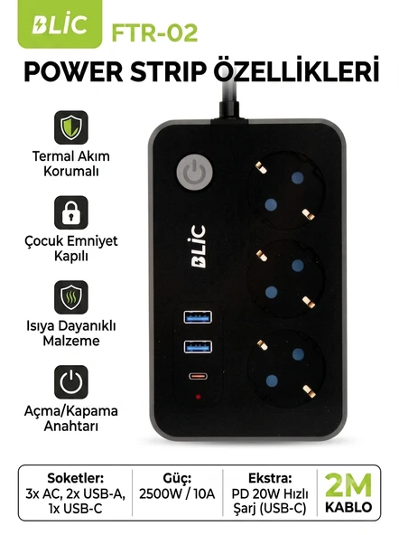Termal Akım Korumalı 3'lü Priz 2 Metre - 2 USB + 1 Type-C Hızlı Şarjlı Çoklu Priz 2500W FTR-02 Blic ürün görseli 1