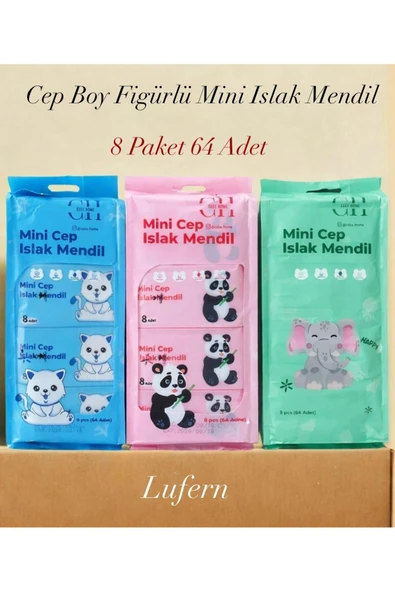Taşınabilir Çanta Tipi Mini Islak Mendil Cep Boy Hijyenik Figürlü Seyahat Okul 8 Paket 64 Adet ürün görseli 1