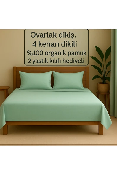 Loova Lastiksiz çarşaf çift kişilik %100 pamuklu yeşil renk 4 köşe dikili 220×240 aparalı ürün görseli 1