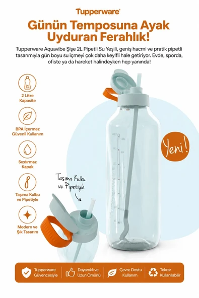 Tupperware Aquavibe Şişe 2L pipetli su yeşili mutfak kamp öteberi mağazası ürün görseli 1