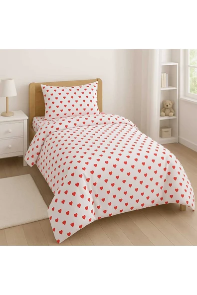 Loova Nevresim takımı tek kişilik %100 pamuklu ful set kalpli desen ürün görseli 1