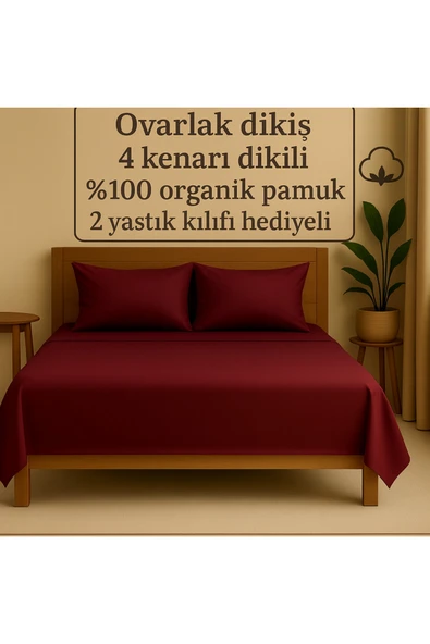Loova Lastiksiz çarşaf çift kişilik bordo 220×240 ebat %100 pamuk 4 köşe dikili 2 yastık kılıfı hediyeli ürün görseli 1
