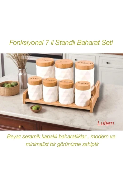 Fonksiyonel 7'li Standlı Baharat Seti Mutfak Düzen Modern Beyaz Seramik Zarif Tuz Şeker Çay Kahve ürün görseli 1