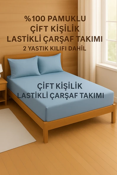Loova Çift kişilik lastikli çarşaf takımı %100 pamuklu mavi renk 2 adet yastık kılıfı dahil ürün görseli 1