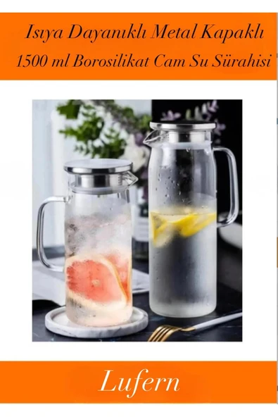 Özel Üretim 1500 ml Borosilikat Cam Su Sürahisi Metal Kapaklı ve Isıya Dayanıklı Çay Meyve Suyu ürün görseli 1