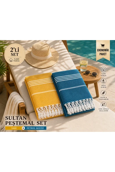 Altıntaş soft 2 Li Sultan Peştemal Seti %100 Pamuklu 90*180cm ebat Plaj-Spa-Deniz-Hamam Havlusu Buldan üretim ürün görseli 1