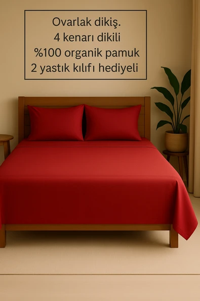 Loova Lastiksiz çarşaf çift kişilik kırmızı renk 4 köşe dikili 220×240 %100 pamuk 2 yastık kılıfı hedıyelı ürün görseli 1