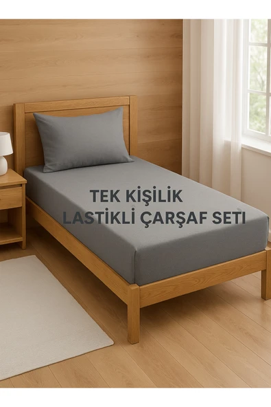 Loova Tek kişilik lastikli çarşaf takımı %100 pamuklu gri renk 100×200 yastık kılıfı dahil ürün görseli 1