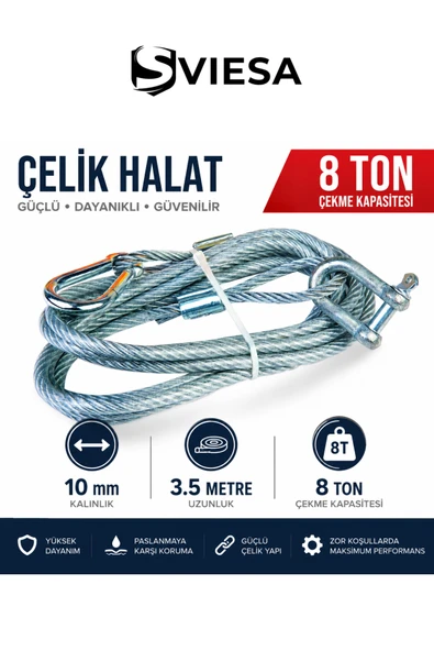 8 Ton Çelik Çekme Halatı 10 mm Kalınlık 3,5 Metre Uzunluk Ağır Hizmet Araç Kurtarma ve Çeki Halatı ürün görseli 1