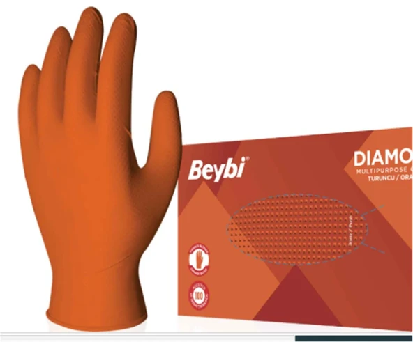 Beybi Diamond Pudrasız Xl Beden Kalın Turuncu Nitril Eldiven Ekstra Büyük 100 Adet ürün görseli 1