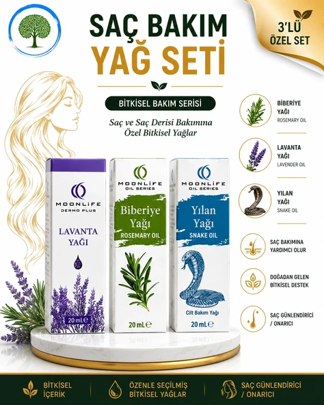 Moonlife Saç Bakımına Özel 3'lü Set | Lavanta yağı 20 ml, Biberiye yağı 20 ml, Yılan Yağı 20 ml ürün görseli 1