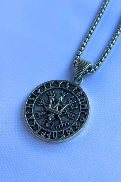 Begondio Mızraklı Vegvisir Pusula El İşçiliği Paslanmaz Çelik Zincir Erkek Kolye ürün görseli 1