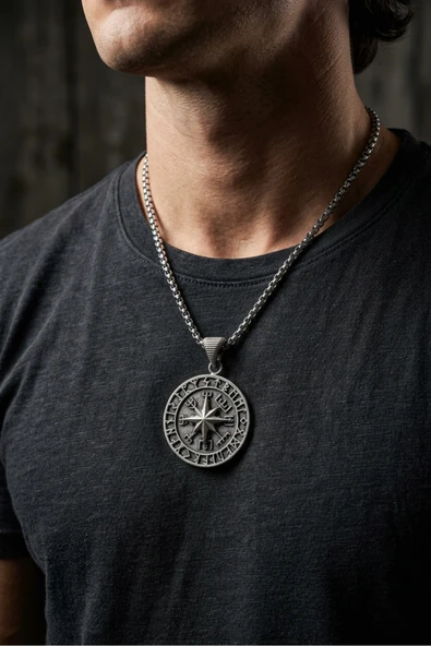 Begondio Vegvisir Pusula El İşçiliği Paslanmaz Çelik Zincir Erkek Kolye ürün görseli 1