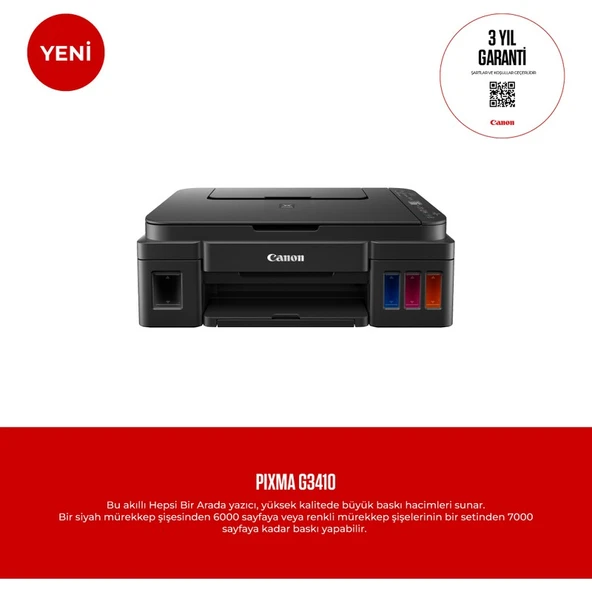 Pixma G3410 Wi-Fi + Tarayıcı + Fotokopi Renkli Çok Fonksiyonlu Tanklı Yazıcı ürün görseli 1