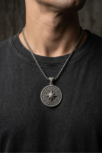 Begondio Viking Pusula El İşçiliği Paslanmaz Çelik Zincir Erkek Kolye ürün görseli 1