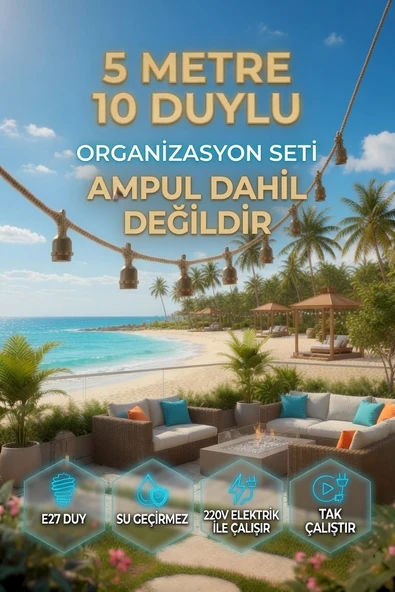 5 Metre 10 Duy Organizasyon Seti E27 Su Geçirmez 220V Bahçe Teras Festoon Ampulsüz Dış Mekan Işık Zinciri ürün görseli 1
