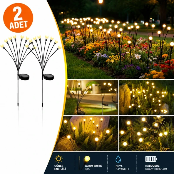 2'li Güneş Enerjili 70 cm Firefly Bahçe Lambası 8 LED Aydınlatma Dekoratif Solar Dış Mekan Balkon Yürüyüş Yolu ürün görseli 1
