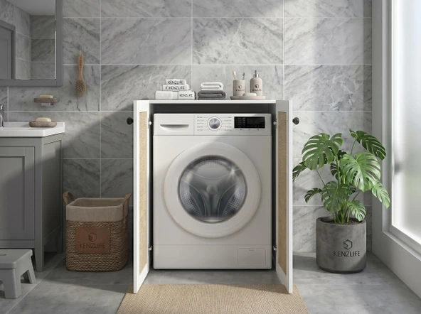 Kenzlife çamaşır makinesi dolabı tatyana mat beyaz 90*70*60 jut kare kapak suntalam gövde ürün görseli 1