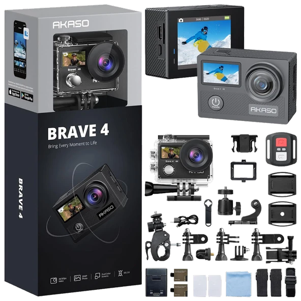 Akaso Brave 4 4K/30FPS 20MP Wi-Fi Dual Screen Aksiyon Kamera ve Aksesuar Seti ürün görseli 1