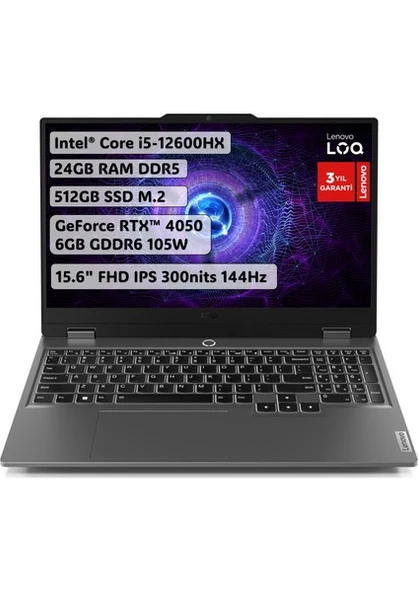 Lenovo LOQ 15IAX9 83GS00P6TR i5-12600HX 24 GB 512 GB SSD RTX4050 15.6" Full HD Gaming Laptop ürün görseli 1