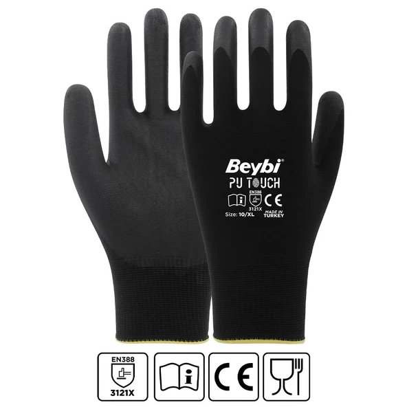 Beybi 7 Beden 12li Paket  Poliüretan Kaplı Pu Touch Siyah Montaj Eldiven  EN388 (3121X) ürün görseli 1