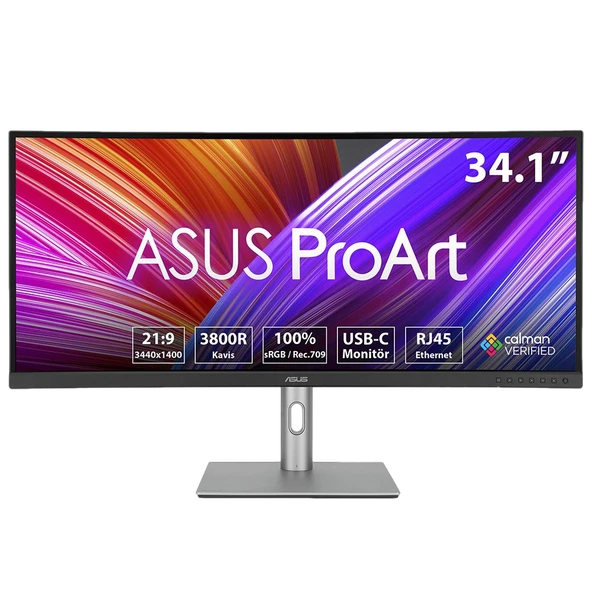 ASUS 34" ProArt Display PA34VCNV 60Hz 5ms GtG HDMI DP USB3.2 RJ45 HDR10 3800R Curved WQHD IPS Monitör ürün görseli 1