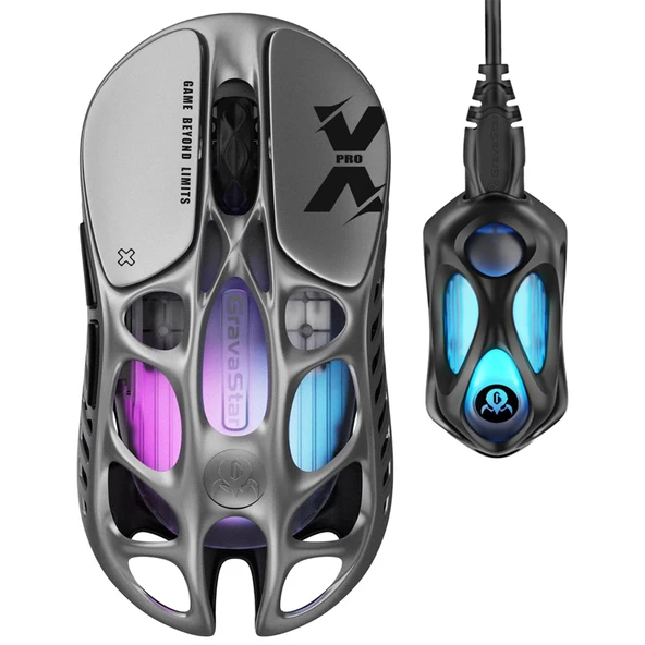 GravaStar Mercury XPro RGB 32000 DPI 8000Hz Dongle Interstellar Silver Kablosuz Gaming Mouse ürün görseli 1