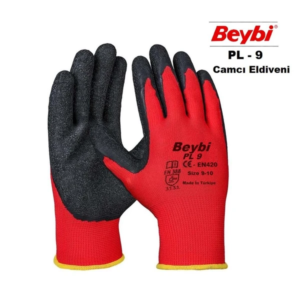 Beybi Nitril Poly PL9 9 Beden Kırmızı Siyah İş Eldiveni 12li Paket Camcı Eldiveni ürün görseli 1