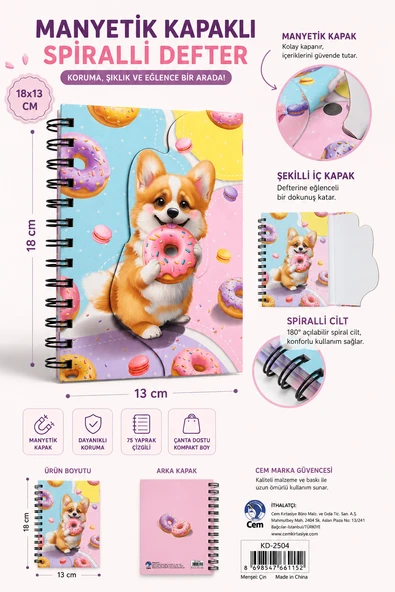 Dolphin Manyetik Kapaklı Spiralli Defter Köpek ve Donut Figürlü Not Defteri ürün görseli 1