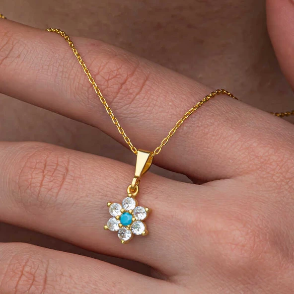 Gümüş Mavi Taşlı Gold Çiçek Kadın Kolye ürün görseli 1