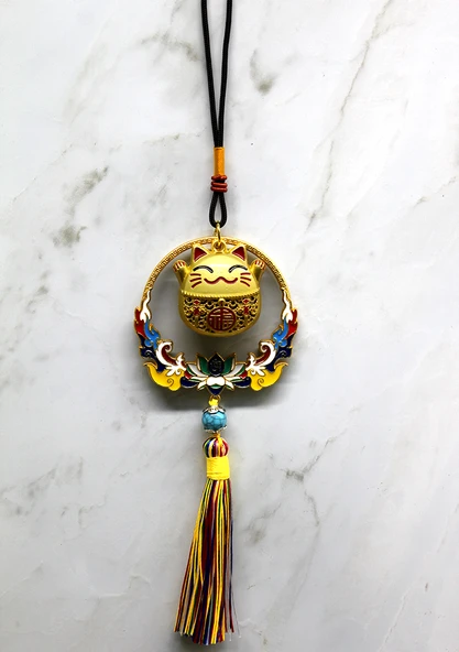 Renkli Püsküllü Şans Kedisi Feng Shui Askılık ürün görseli 1