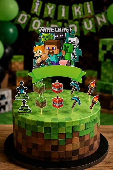 Minecraft Pasta Süsü Seti Büyük Figür ve 10'lu Kürdan Dekoru Doğum Günü Süsü ürün görseli 1