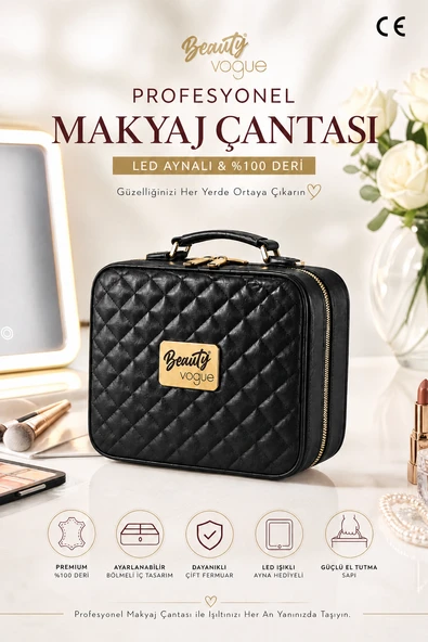 Beauty Vogue Hakiki Deri Işıklı Aynalı Makyaj Çantası - Ayarlanabilir Bölmeli Darbeye Dayanıklı Lüks Organizer Siyah ürün görseli 1
