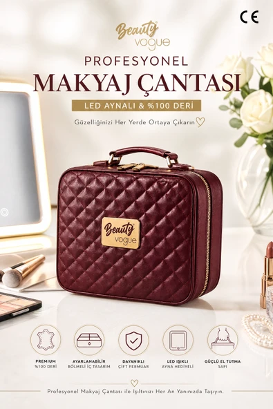 Beauty Vogue Hakiki Deri 3 Led Işıklı Aynalı Makyaj Çantası - Ayarlanabilir Bölmeli Darbeye Dayanıklı Lüks Organizer- Bordo ürün görseli 1