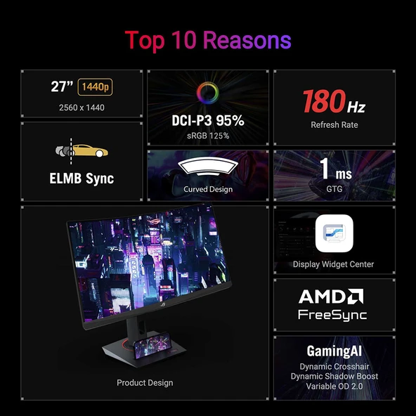 Asus ROG Strix Oyuncu Monitörü 27″ Kavisli, QHD, Hızlı VA Panel, ELMB Sync, USB-C, FreeSync, HDR, 180 Hz, 1 ms (GtG) (XG27WCS) ürün görseli 1