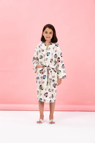 Özdilek Lisanslı Kapüşonlu Çocuk Bornozu 7/8 Yaş-Minnie Mouse Colors Krem ürün görseli 1