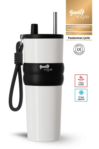 Beauty Vogue BV-10 Lüks Çelik Termos Bardak - Çift Yalıtımlı Pipetli Mug - Mat Siyah ürün görseli 1