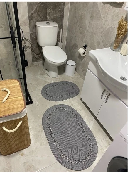 Jüt Hasır 2li Banyo Seti Paspas Takımı-Gri Trikotlu ürün görseli 1