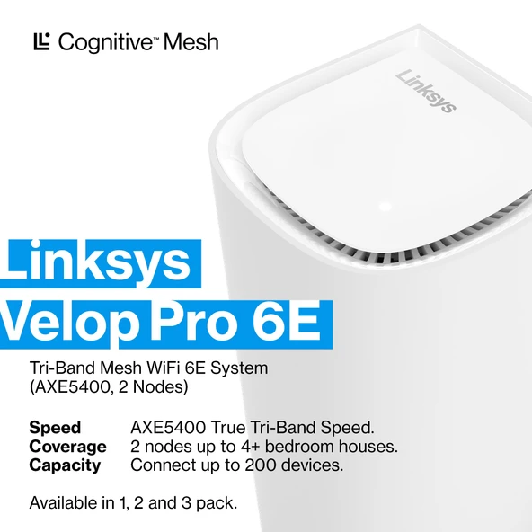 Linksys Velop Pro 6E AXE5400 Üç Bantlı WiFi 6E Mesh Sistemi 2'li Paket ürün görseli 1