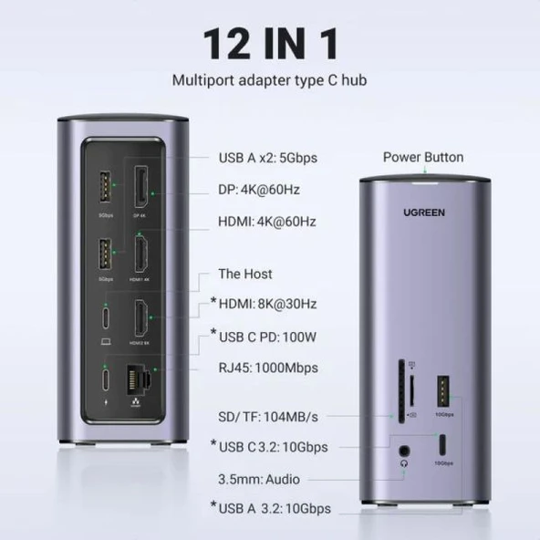 Ugreen 12'si 1 arada 4K HDMI Hızlı Şarj Evrensel Bağlantı İstasyonu ürün görseli 1