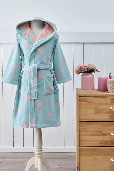 Özdilek 15 Yaş -Flamingo Mint- Kız Çocuk Kapüşonlu Kadife Pamuk Bornoz ürün görseli 1
