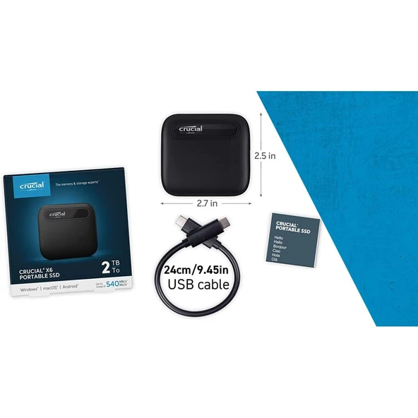 Crucial X6 Taşınabilir Harici Katı Hal Sürücüsü USB3.2 2 TB Siyah CT2000X6SSD9 ürün görseli 1