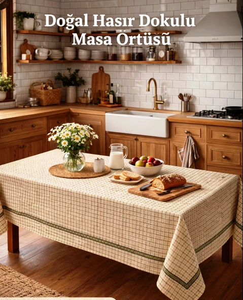 Mandas  Hasır Dokulu  bordürlü masa örtüsü bej   160*160 ürün görseli 1